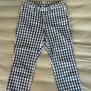 JCrew vintage straight blue/white gingham jeans.